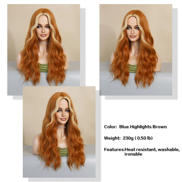 Skunk Water Wave Wig Synthetic Curly Wig for Women Long Deep Wave Wig in Light Brown With Ginger Orange Highlights.
