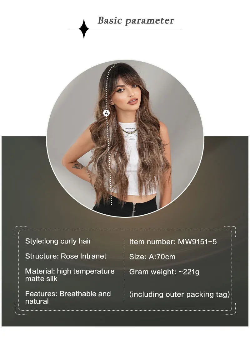 Ombre Brown Long Curly Hair Wig with Bangs for Women - 28 Inches