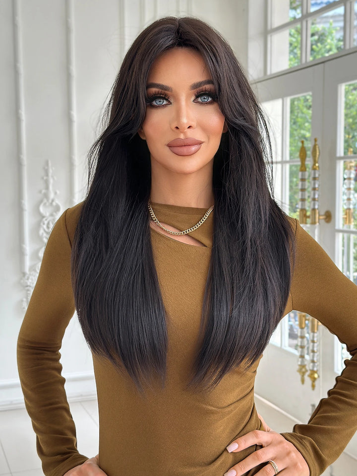 28-inch Layered Long Straight Black Middle-Parted Synthetic Matte Hair Wig for Women, Heat Resistant.