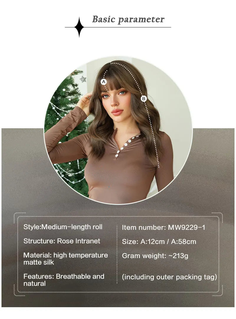 22" Curly Brown Synthetic Hair Wig, Shoulder Length, Water Wavy, Heat Resistant Fiber, Natural Look, Matt Finish.