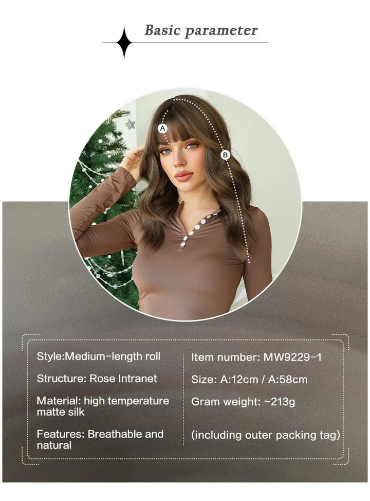 22" Curly Brown Synthetic Hair Wig, Shoulder Length, Water Wavy, Heat Resistant Fiber, Natural Look, Matt Finish.