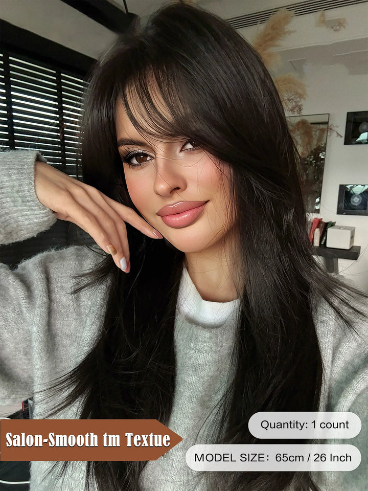 Monotop U Lace Long Straight Layered Wig for Women 26 Inches Heat Resistant Synthetic Black Wig with Natural Hairline.