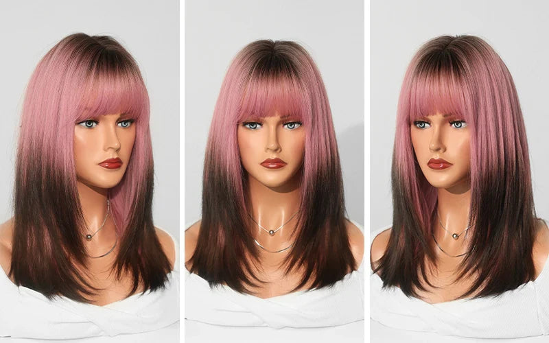 Ombre Blonde Wigs for Women Medium Length Straight Layered Synthetic Wigs With Bangs