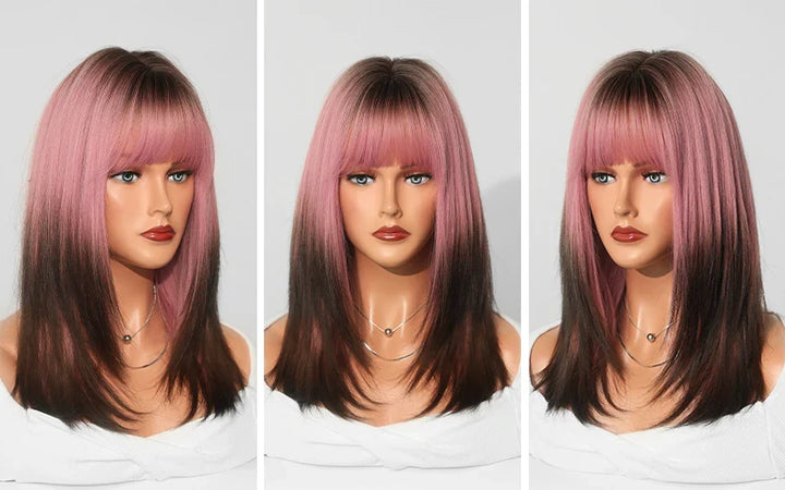 Ombre Blonde Wigs for Women Medium Length Straight Layered Synthetic Wigs With Bangs