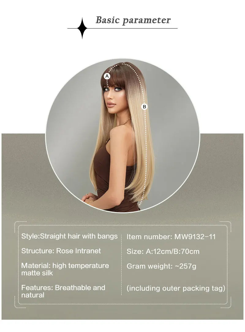 Long Straight Ombre Blonde Synthetic Hair With Bangs for Women Heat Resistant Fiber Wig Hot Selling 28 Inch.