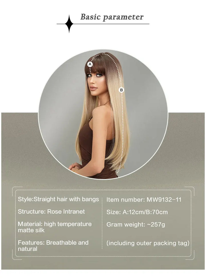 Long Straight Ombre Blonde Synthetic Hair With Bangs for Women Heat Resistant Fiber Wig Hot Selling 28 Inch.