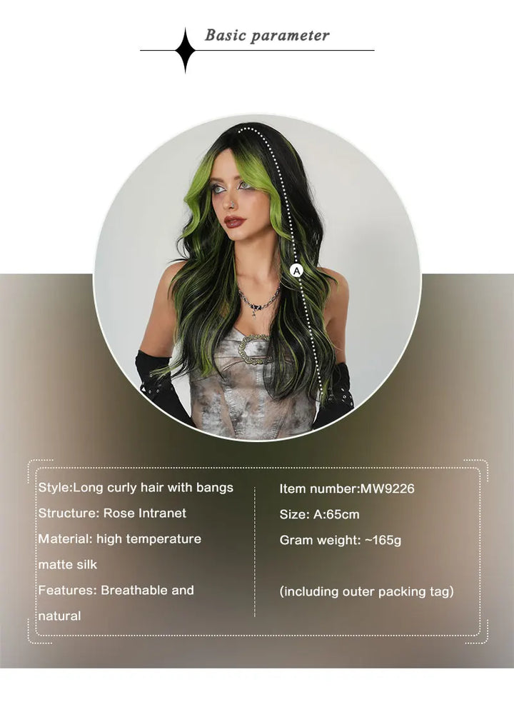 Black Green Synthetic Hair Skunk Stripe Long Wavy Wig, 26 Inch, Heat Resistant Fiber, Wholesale, Natural Matt.