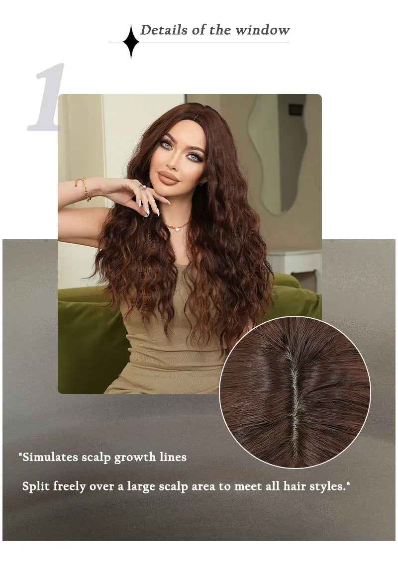 28-inch long curly brown ombre synthetic hair wig with a middle parting, water wave style. Made from heat-resistant fiber for a natural matte finish. Peluca#