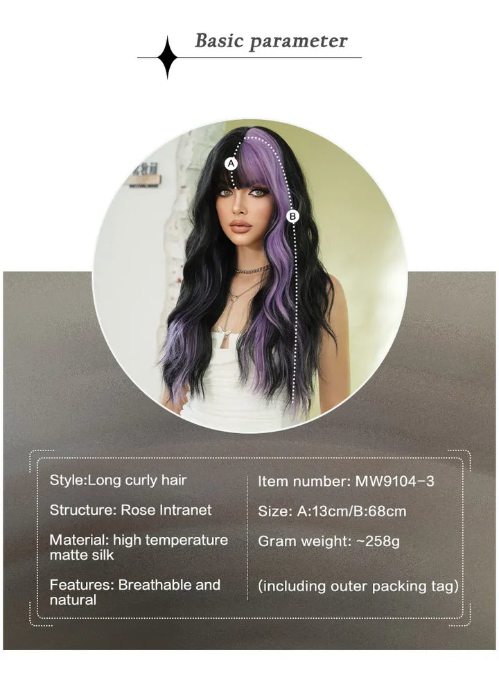 28in Long Wavy Black Purple Highlight Wig, Natural Heat Resistant Synthetic Curly Style with Bangs for Women.