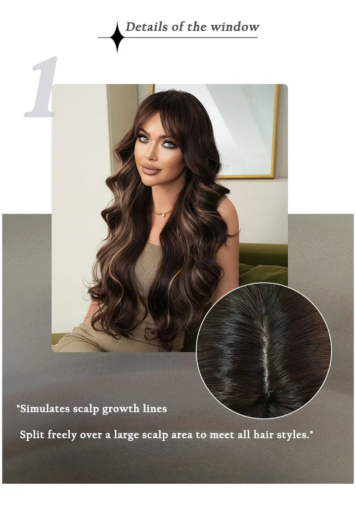 30-inch long curly highlighted brown synthetic hair wig. Made from heat-resistant fiber for a natural matte finish. Peluca.