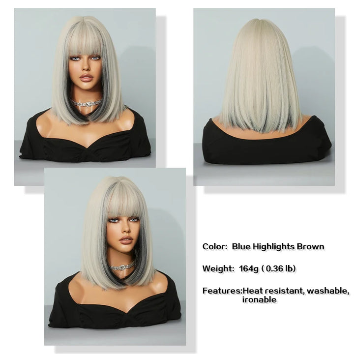 Black Bob Wigs with Bangs, Synthetic Straight Bob Wigs for Women, Heat Resistant 12 in Hair