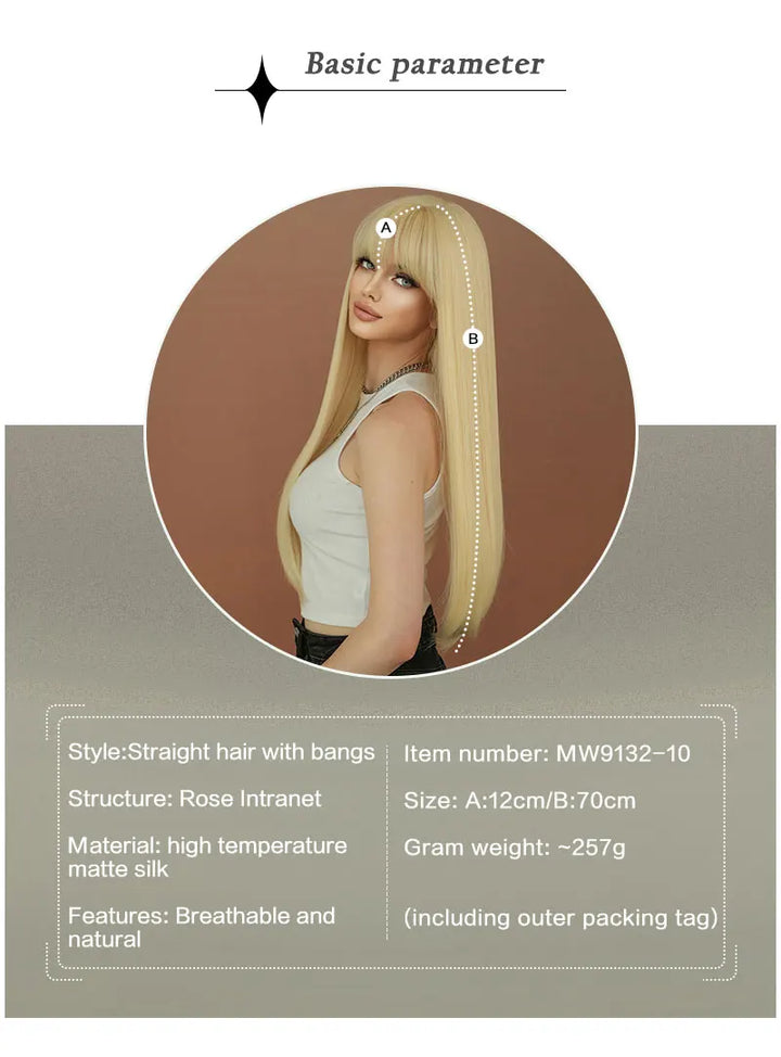 High-quality long straight blonde synthetic hair with bangs for women. Heat-resistant fiber wig, hot selling 28 inches.