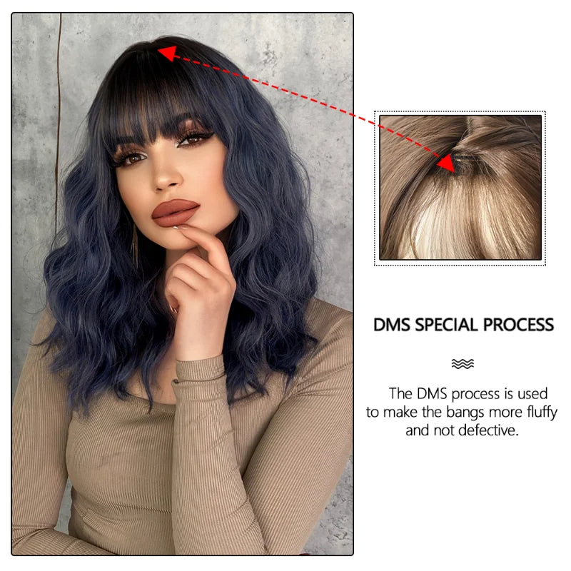 Short curly ombre blue wig with bangs for women. Shoulder-length wavy bob style made of synthetic hair. Perfect for daily wear, cosplay, and Halloween.