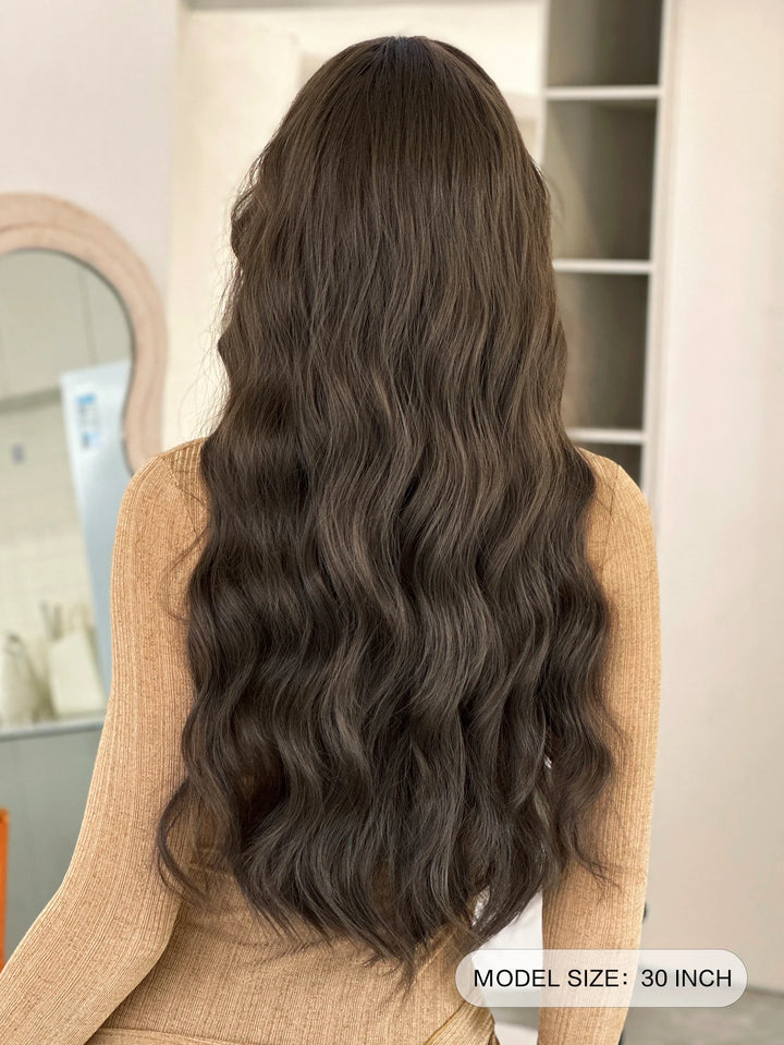 30-inch Extra Long Brown Curly Hair with Bangs Synthetic Matte Hair Wig for Women Heat Resistant