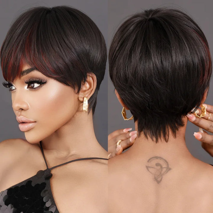 Ombre red pixie cut wig with bangs, cute and natural-looking. Short black and burgundy layered wavy style for women.