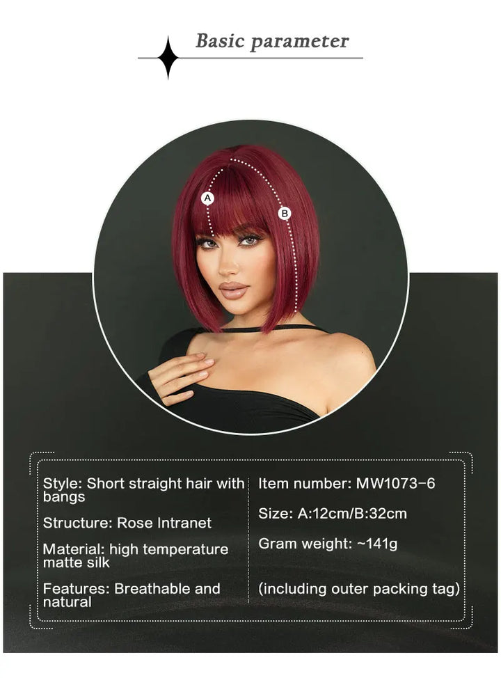 12-inch Short Bob Straight Wig with Bangs - Natural Red Yaki Synthetic Heat Resistant Burgundy Red Hair for Party Cosplay.