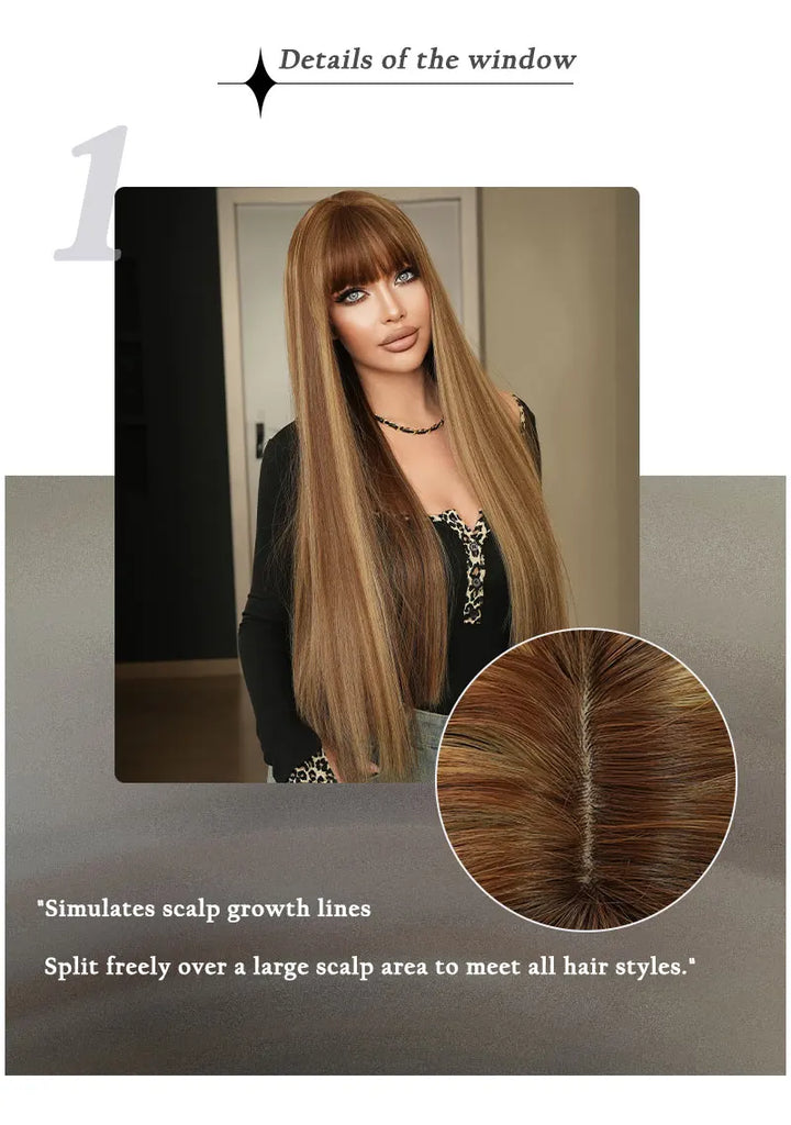 28 Inch Natural Black Wig with Bangs Extra Long Straight Wig for Women. This wig is natural-looking and comes in black-brown synthetic material.