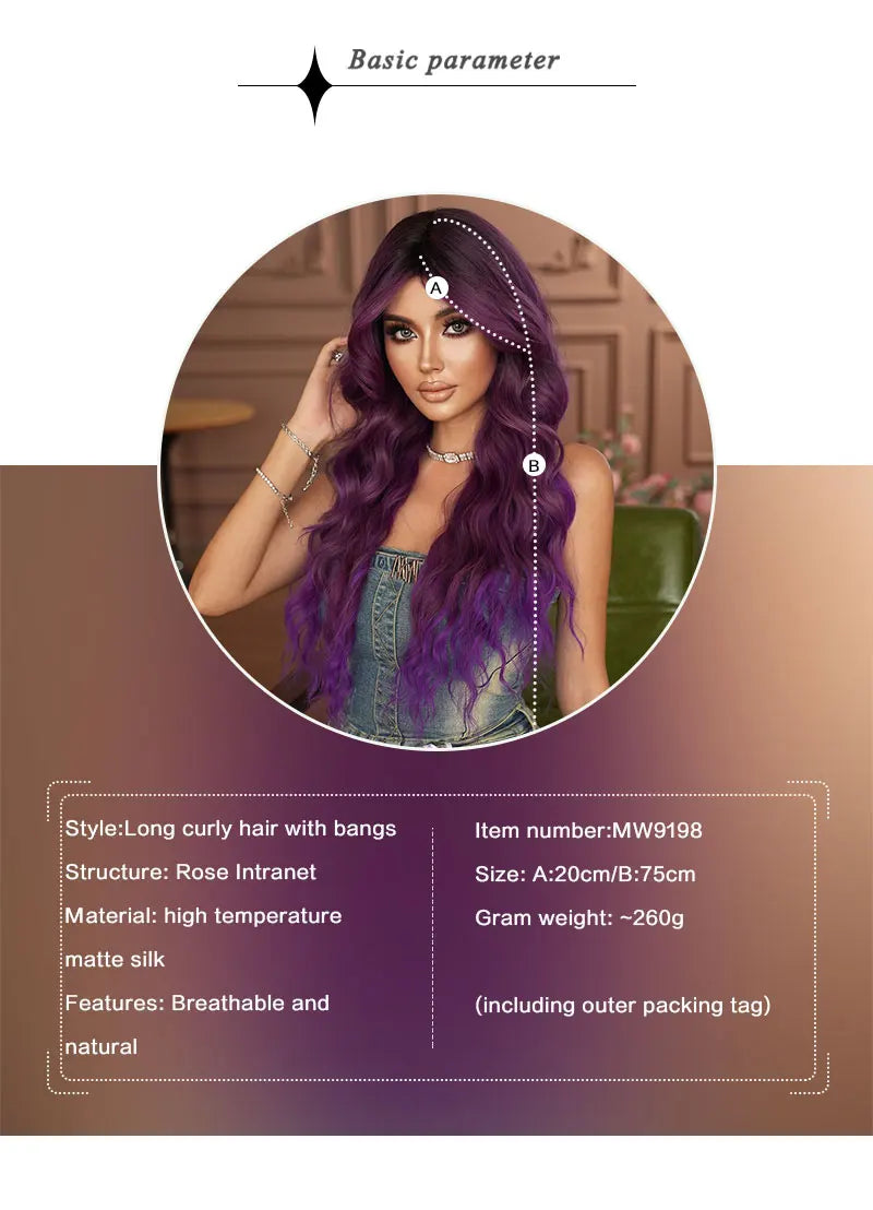 Ombre Purple Synthetic Hair Skunk Stripe Long Wavy Wigs, Heat Resistant Fiber, Wholesale, Natural Matt Wigs, 30 Inch