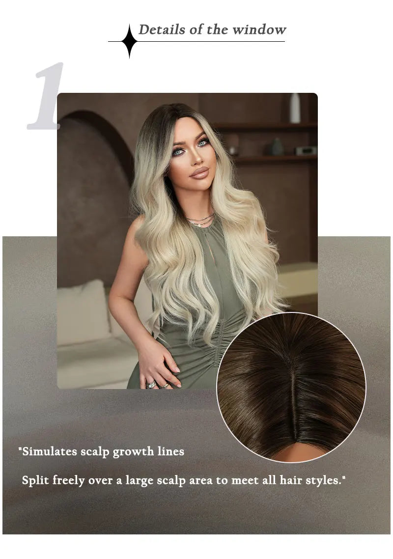 30 Inch Ombre Platinum Blonde Long Curls Synthetic Wig for Women. Heat Resistant with Natural Hair Slit. Matte White Hair Wigs. Peluca