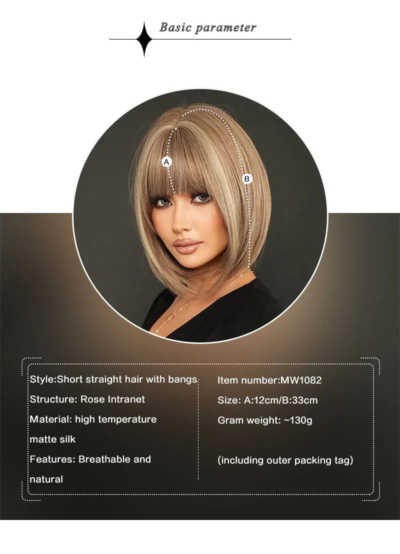 Black Bob Wigs with Bangs, Synthetic Straight Bob Wigs for Women, Heat Resistant 12 in Hair