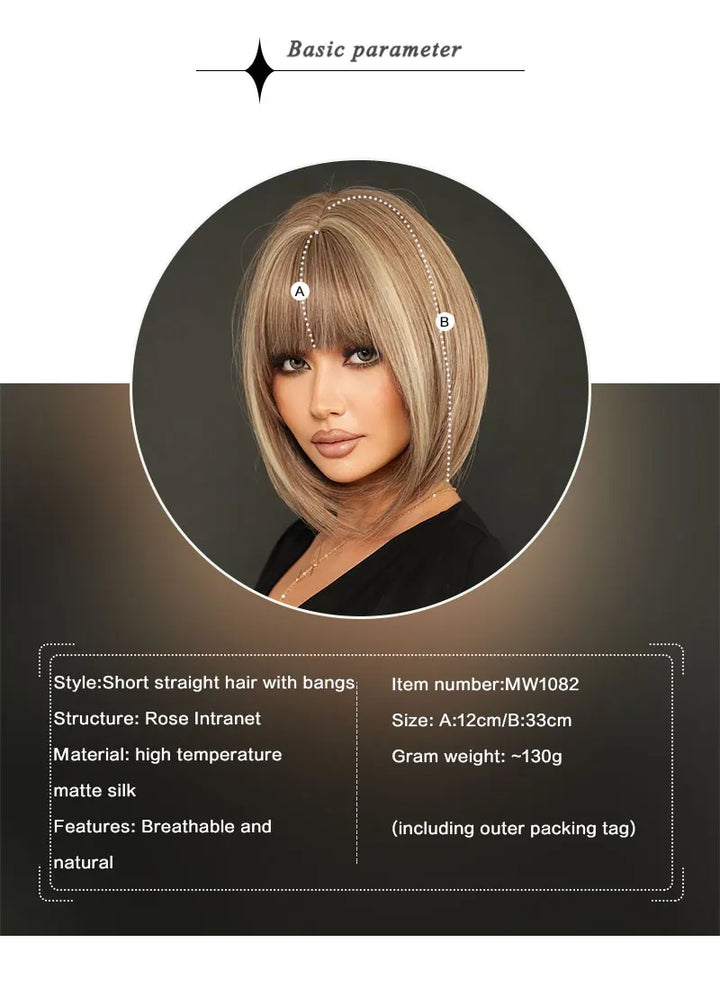 Black Bob Wigs with Bangs, Synthetic Straight Bob Wigs for Women, Heat Resistant 12 in Hair