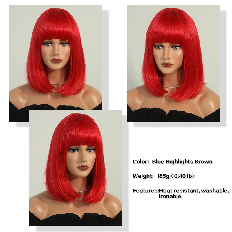 Short red wig with bangs for women, perfect for parties and cosplay. Made of heat-resistant synthetic material.