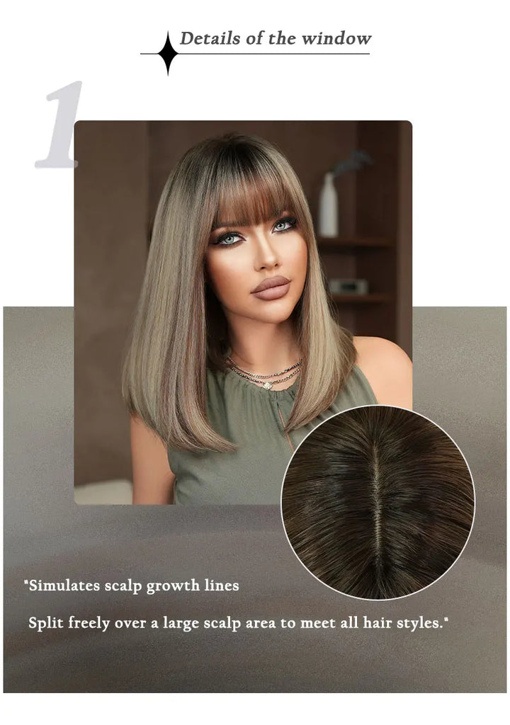 16" Ombre Brown Shoulder Length Straight Synthetic Heat Resistant Wig for Women with Natural Hairline. Matte finish.
