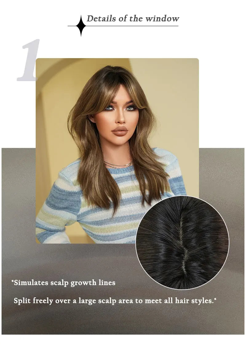 16-Inch Highlight Brown Wig with Middle Bangs, High-Temperature Resistant Synthetic Matte Hair, Natural Fashion #