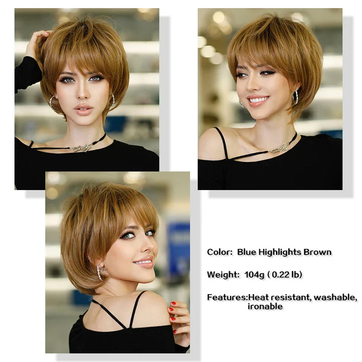 Ombre red pixie cut wig with bangs, cute and natural-looking. Short black and burgundy layered wavy style for women.