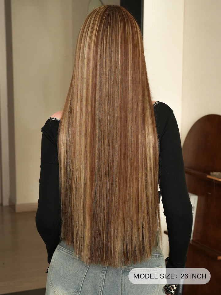 28 Inch Honey Blond Wig with Bangs, Long Straight Synthetic Wig for Women. Natural looking and suitable for daily use.