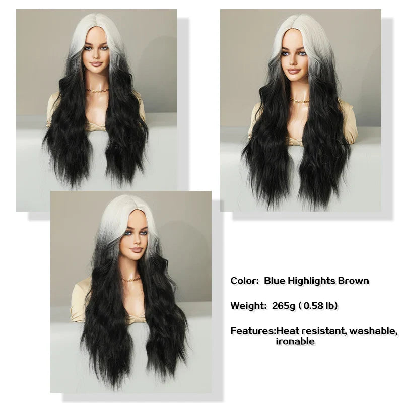 Skunk Water Wave Wig Synthetic Curly Wig for Women Long Deep Wave Wig in Light Brown With Ginger Orange Highlights.