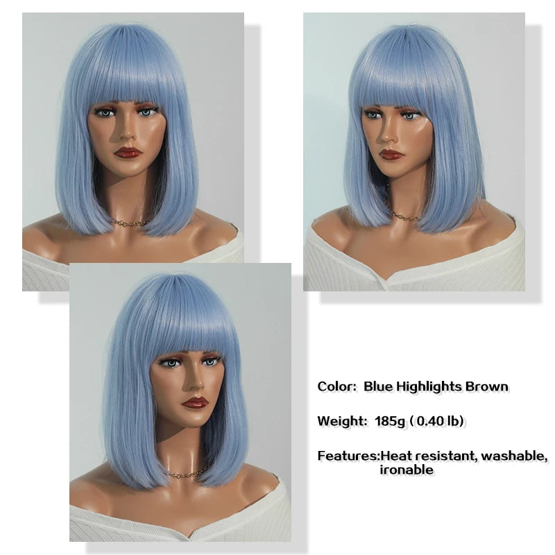 Light Blue Bob Wig with Bangs, Shoulder Length Synthetic Wig for Cosplay Party