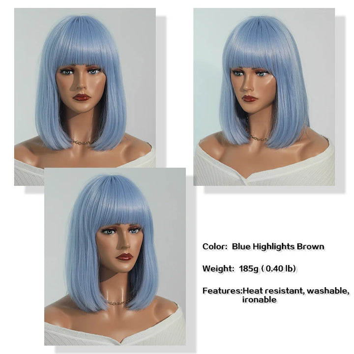 Light Blue Bob Wig with Bangs, Shoulder Length Synthetic Wig for Cosplay Party