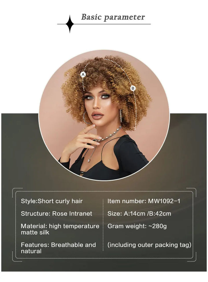 16" Curly Afro Wig with Bangs for Black Women. Kinky curly synthetic wig in ombre brown blonde.