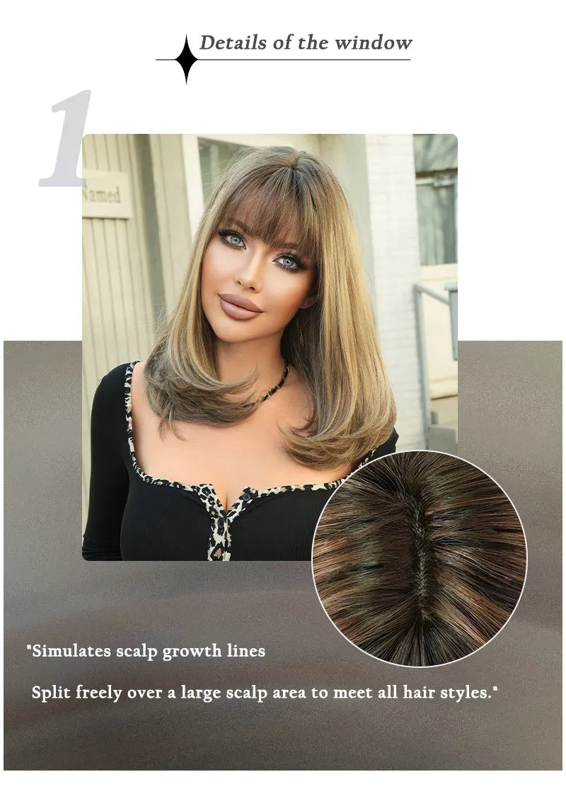 16 Inch Ombre Honey Blond Shoulder Length Straight Synthetic Heat Resistant Wig for Women Natural Hair Slit Matte Hair Wig
