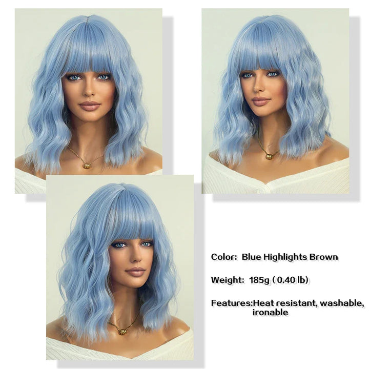 Blue curly bob wig with bangs for women, perfect for Halloween or cosplay parties.