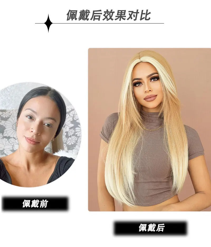 Synthetic hair wig with long straight hair, bangs, middle part, and highlight gray color. Perfect for women, cosplay, and drag queens.