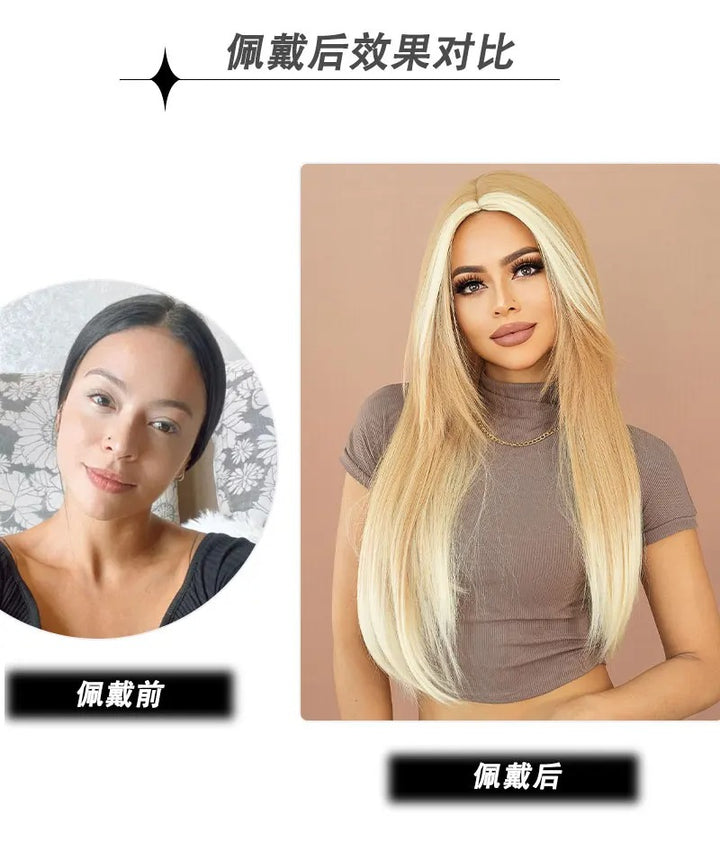 Synthetic hair wig with long straight hair, bangs, middle part, and highlight gray color. Perfect for women, cosplay, and drag queens.