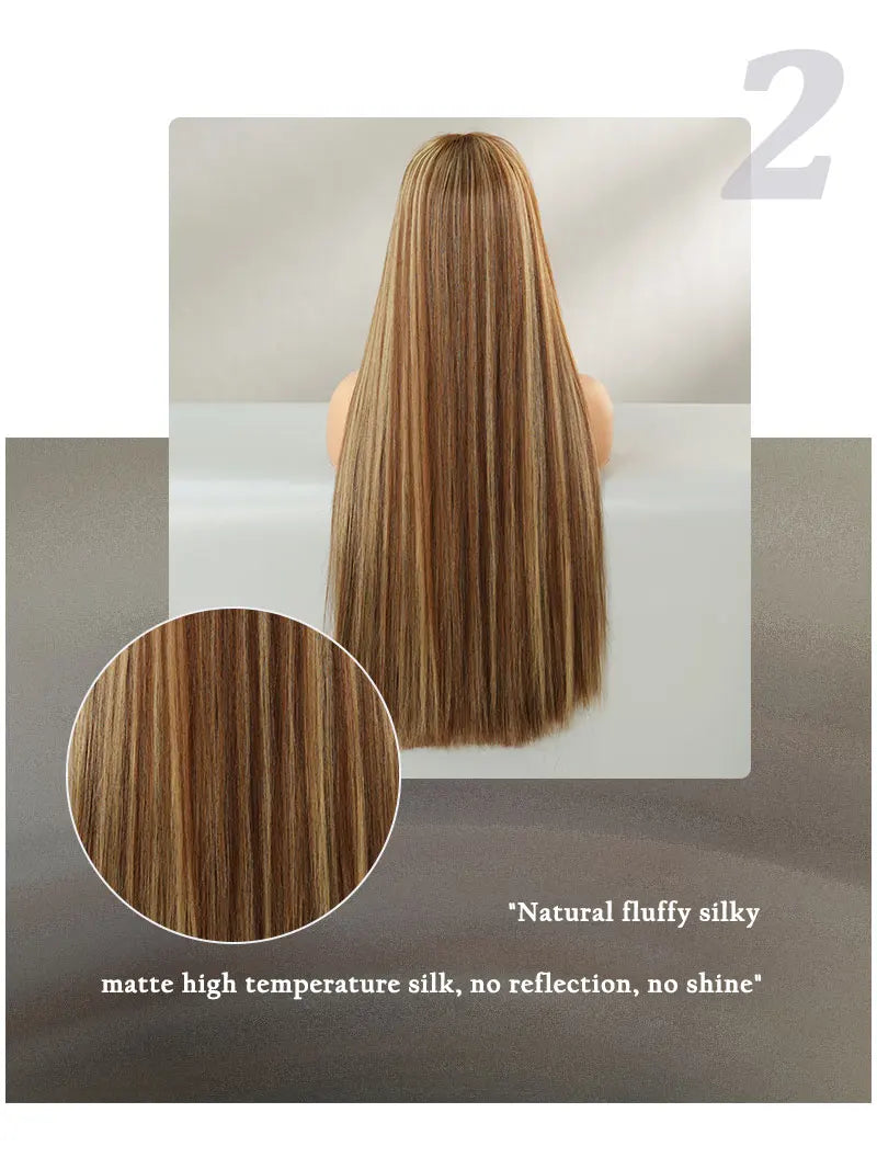 28 Inch Natural Black Wig with Bangs Extra Long Straight Wig for Women. This wig is natural-looking and comes in black-brown synthetic material.