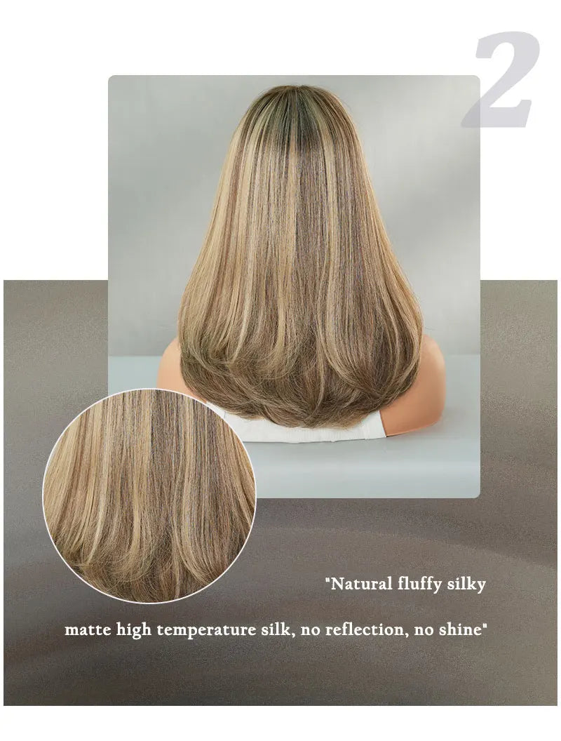 16 Inch Ombre Honey Blond Shoulder Length Straight Synthetic Heat Resistant Wig for Women Natural Hair Slit Matte Hair Wig