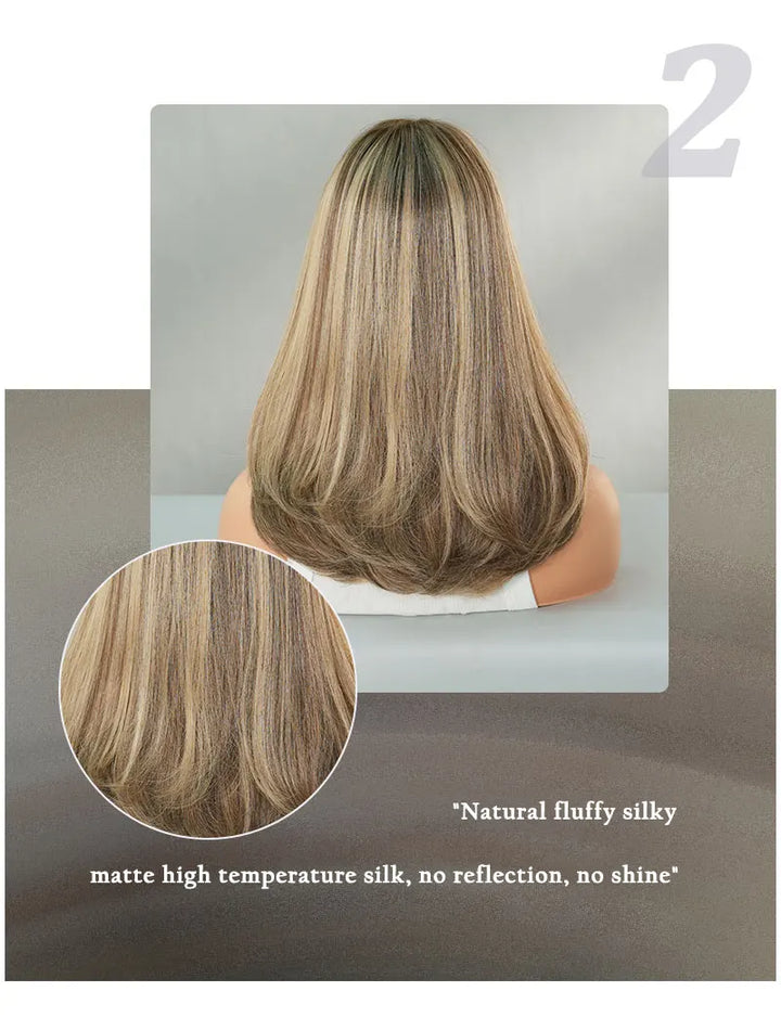16 Inch Ombre Honey Blond Shoulder Length Straight Synthetic Heat Resistant Wig for Women Natural Hair Slit Matte Hair Wig