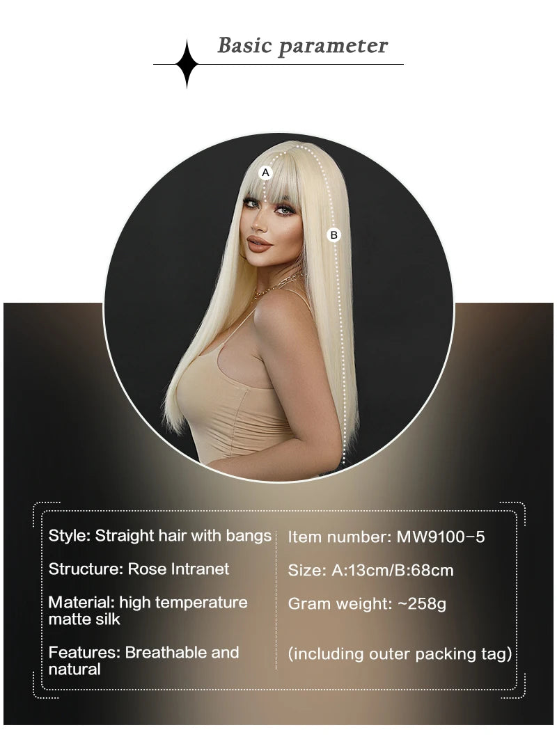 Long Straight Ombre Blonde Synthetic Hair With Bangs for Women Heat Resistant Fiber Wig Hot Selling 28 Inch.