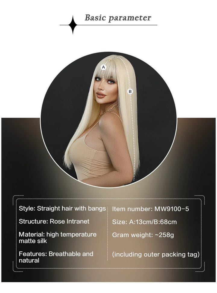 Long Straight Ombre Blonde Synthetic Hair With Bangs for Women Heat Resistant Fiber Wig Hot Selling 28 Inch.