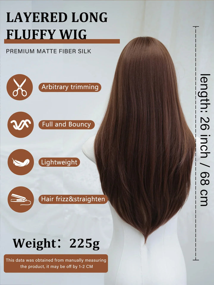 Monotop U Lace Long Straight Layered Wig for Women 26 Inches Heat Resistant Synthetic Black Wig with Natural Hairline.