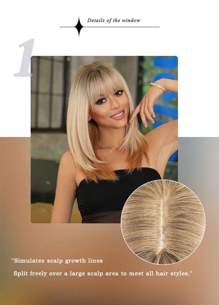 Ombre Blonde Wigs for Women Medium Length Straight Layered Synthetic Wigs With Bangs