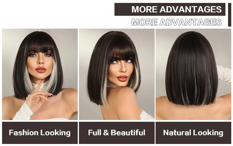 Black Bob Wigs with Bangs, Synthetic Straight Bob Wigs for Women, Heat Resistant 12 in Hair