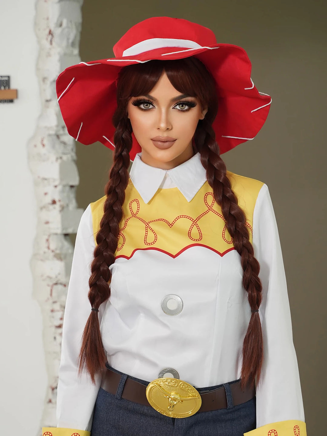 Red and black costume wig with pigtail braids, perfect for cosplay, Halloween, or drag queen looks inspired by the Crazy Bride character from Suicide Squad. Made with synthetic hair.