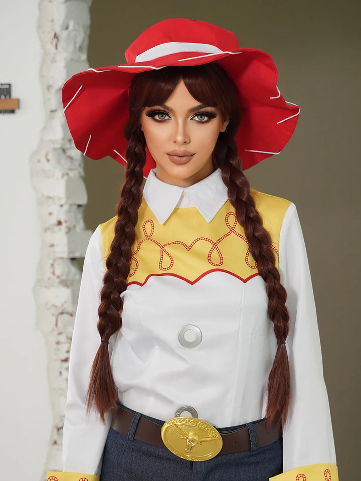 Red and black costume wig with pigtail braids, perfect for cosplay, Halloween, or drag queen looks inspired by the Crazy Bride character from Suicide Squad. Made with synthetic hair.