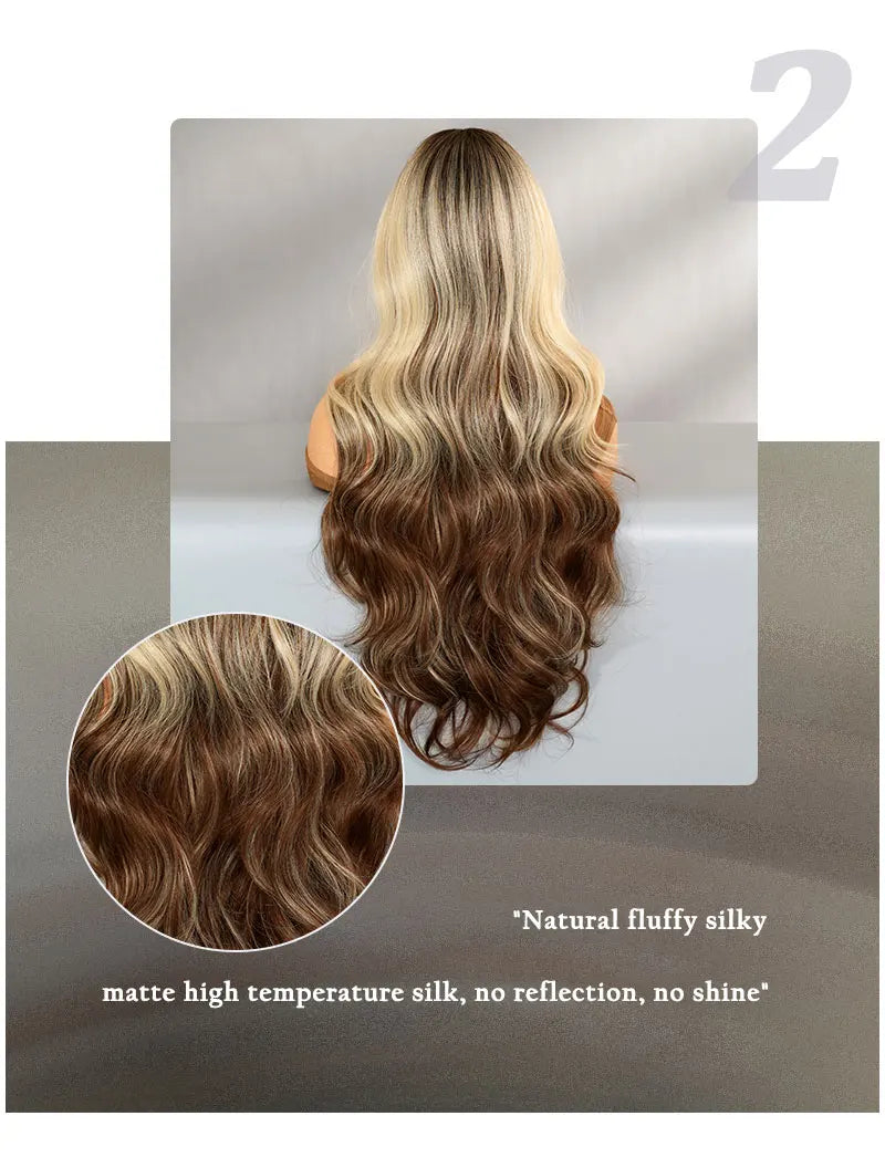 30" Ombre Blonde Curly Synthetic Wig with Bangs for Women. Heat resistant, natural hairline, matte finish. Perfect for cosplay