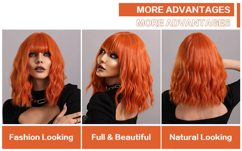 Ginger Orange Wig - Short Curly Wavy Bob Wig for Women with Bangs, Shoulder Length Synthetic Colored Halloween Cosplay Copper Hair.